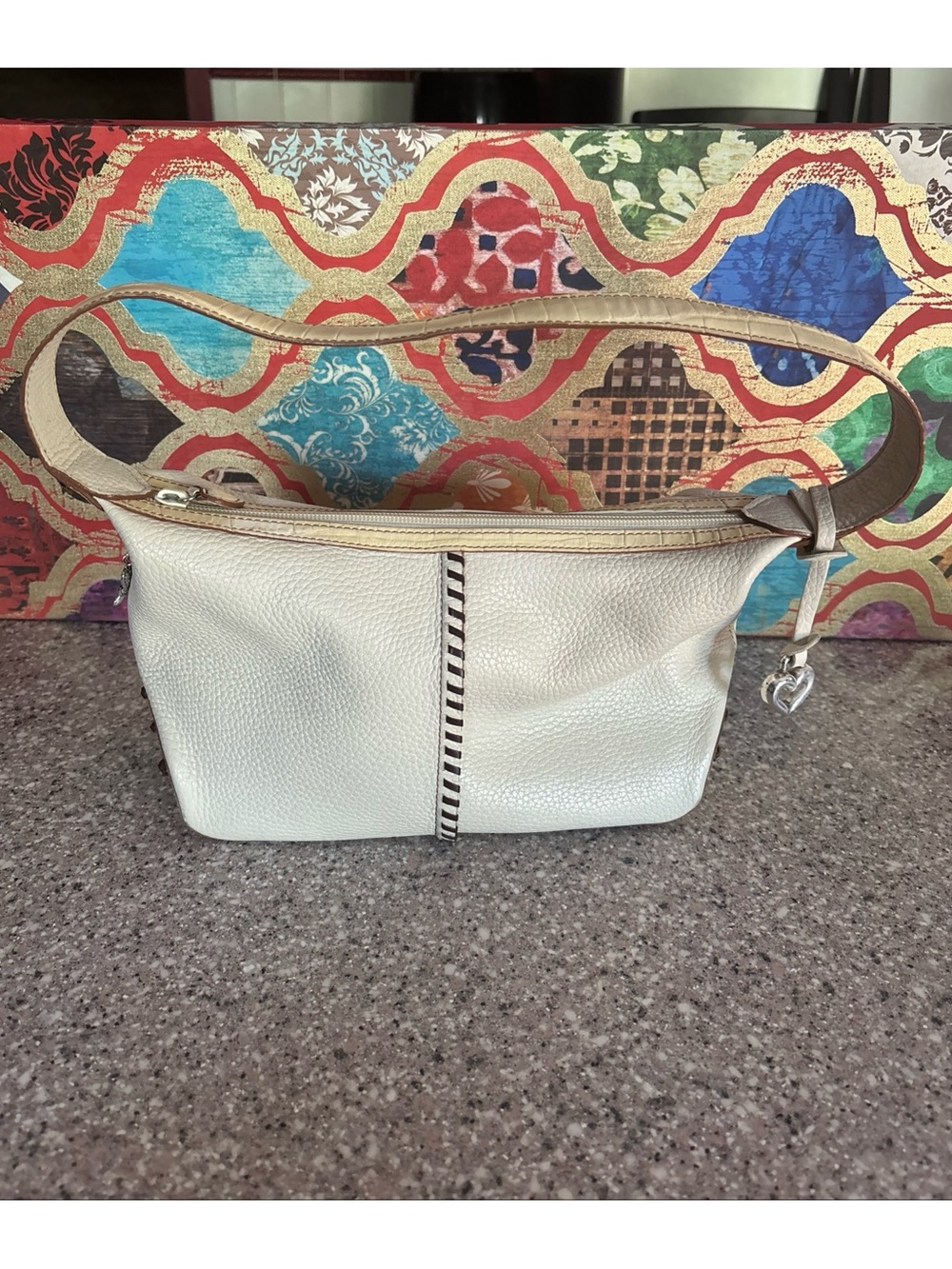 Brighton White Pebble Leather Off White Trim w/ Charms Shoulder Purse Handbag